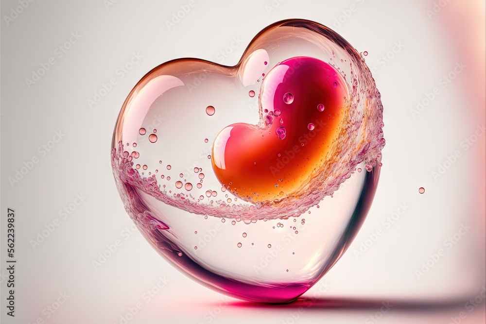 Poster a heart shaped object with bubbles and water inside it on a white background with a pink and red bac