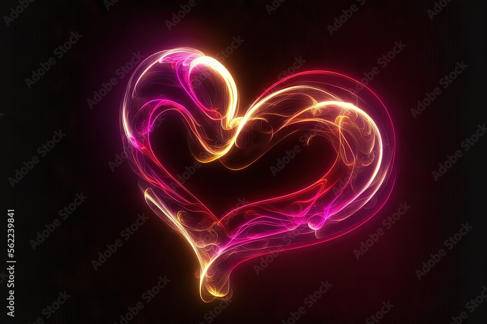 Poster a heart shaped object with a black background and a red and yellow light in the middle of it, with a