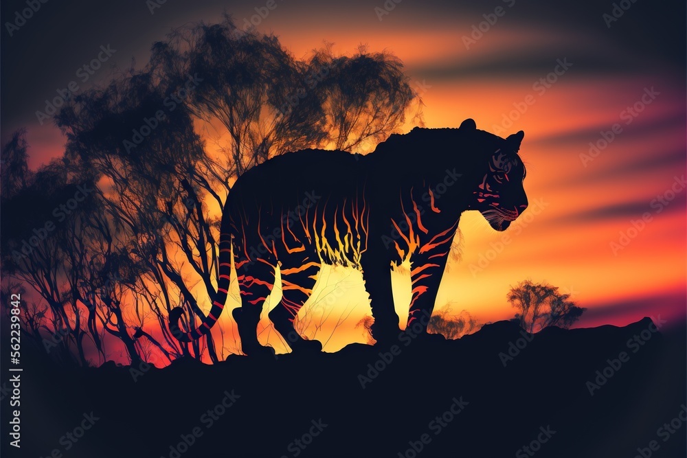Aufkleber a silhouette of a tiger walking in the sunset with trees in the background and a red sky in the back