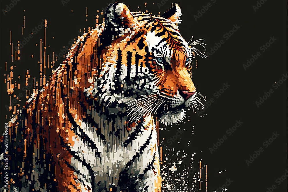 Poster a tiger is shown in a cross stitch pattern on a black background with orange and white stripes and a