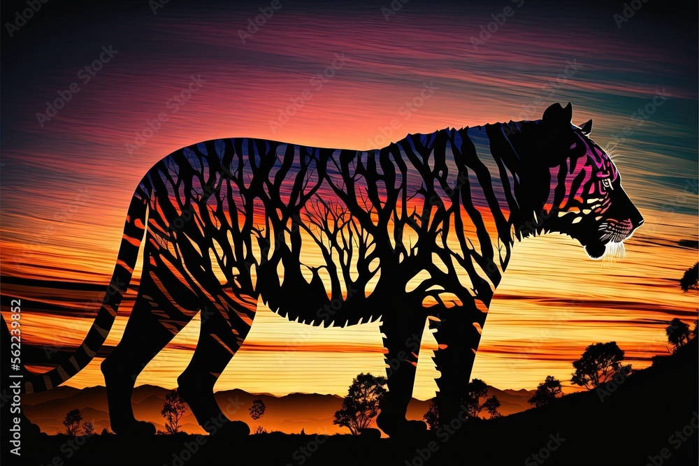 Poster a zebra standing in the middle of a sunset with trees in the background and a sky with clouds in the