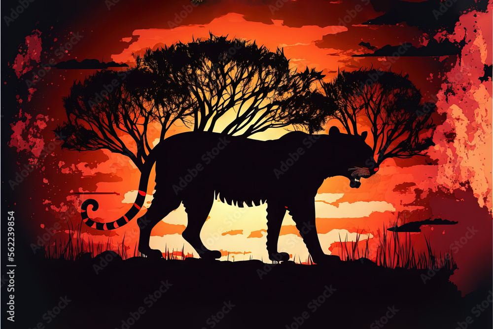 Poster a lion is walking in the sunset with trees in the background and a red sky with clouds in the backgr