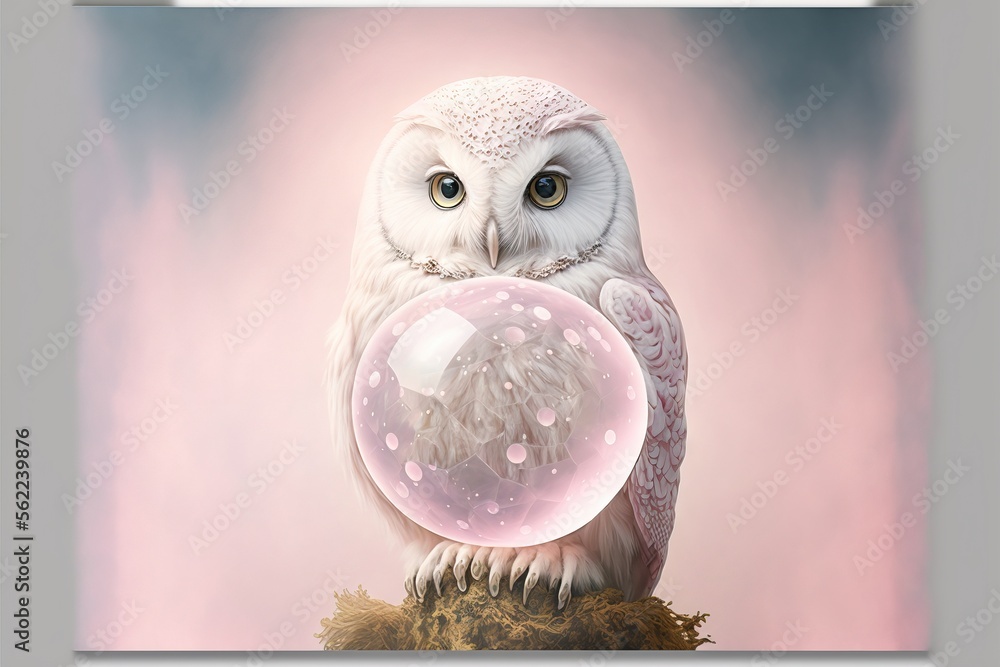 Poster a white owl with a bubble in its beak on a pink background with a pink sky and clouds behind it is a