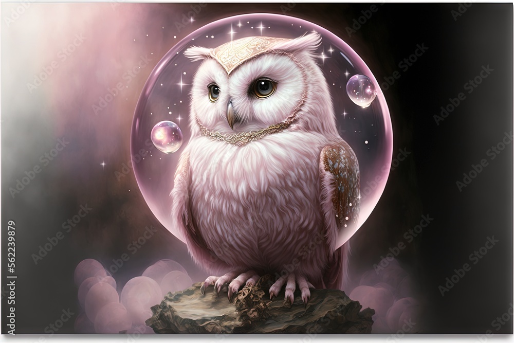 Poster a painting of an owl with a hat on its head sitting on a rock in front of a bubble with bubbles floa