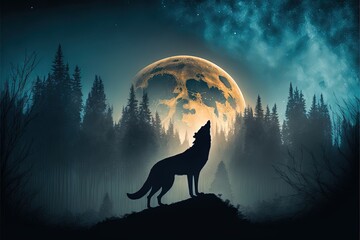 a wolf standing on a hill looking at the moon in the sky with trees in the background and a full moon in the sky above it, with a full moon and a full of stars. generative ai