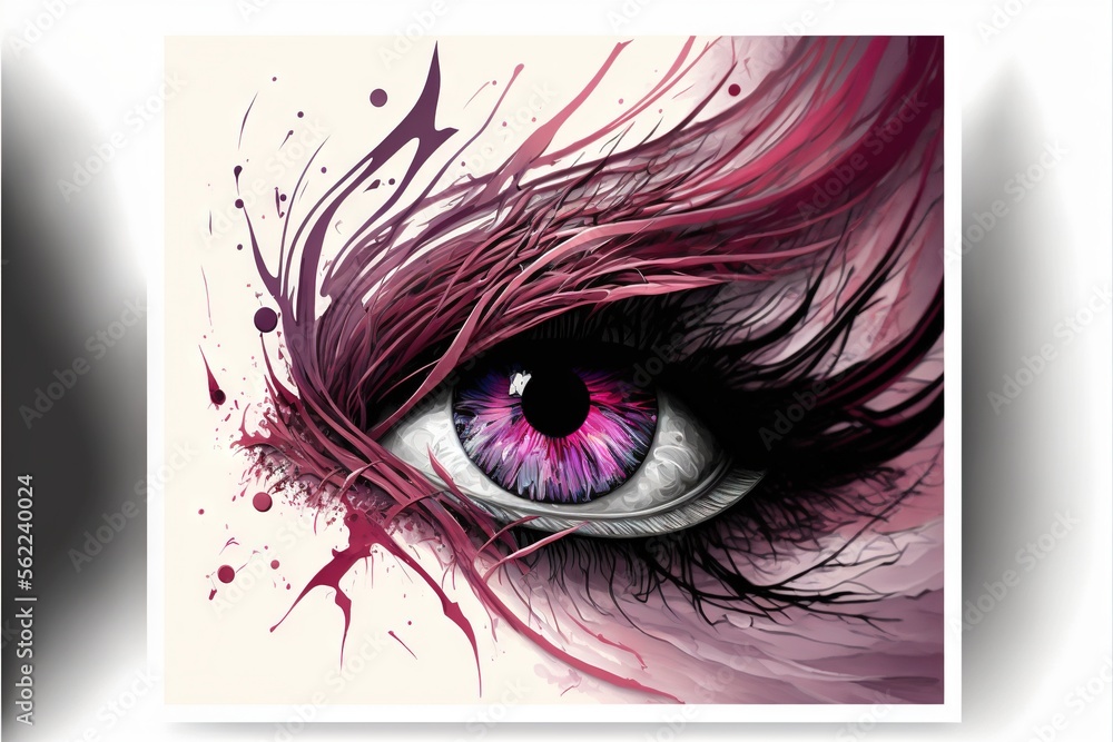 Poster a painting of a purple eye with red streaks on it's iris and a white background with a white border 