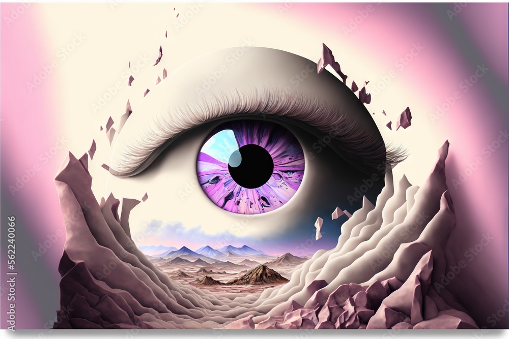 Poster a painting of a purple eye with a mountain in the background and a sky in the background with a moun