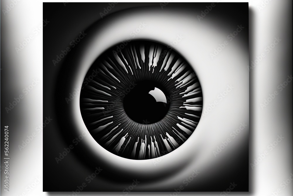 Poster a black and white photo of a large eyeball in a square frame with a shadow on the wall behind it and
