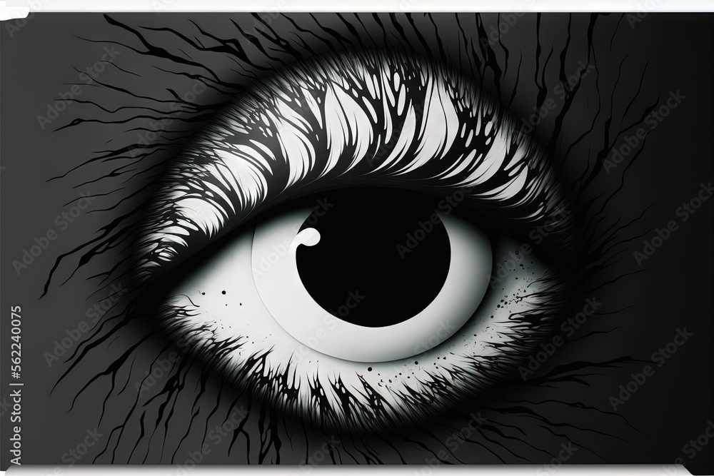 Poster a close up of an eye with a black background and white iris and black background with a white circle