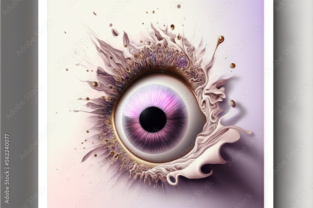 Poster a picture of a purple eye with a black circle in the center of it's irise and a white background wit