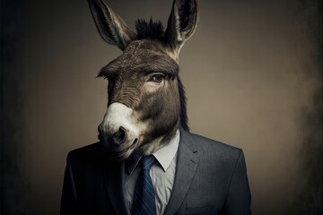 Portrait of donkey businessman. Animal head in business suit. Generative AI