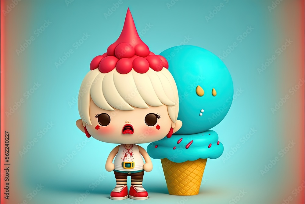 Poster a little boy standing next to a blue ice cream cone with a weird looking face on it's face and a blu
