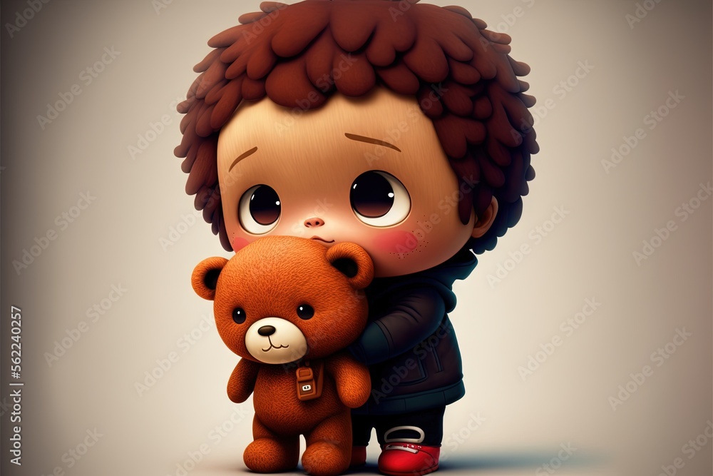 Aufkleber a little boy holding a bear in his arms with a sad expression on his face and eyes, while standing i