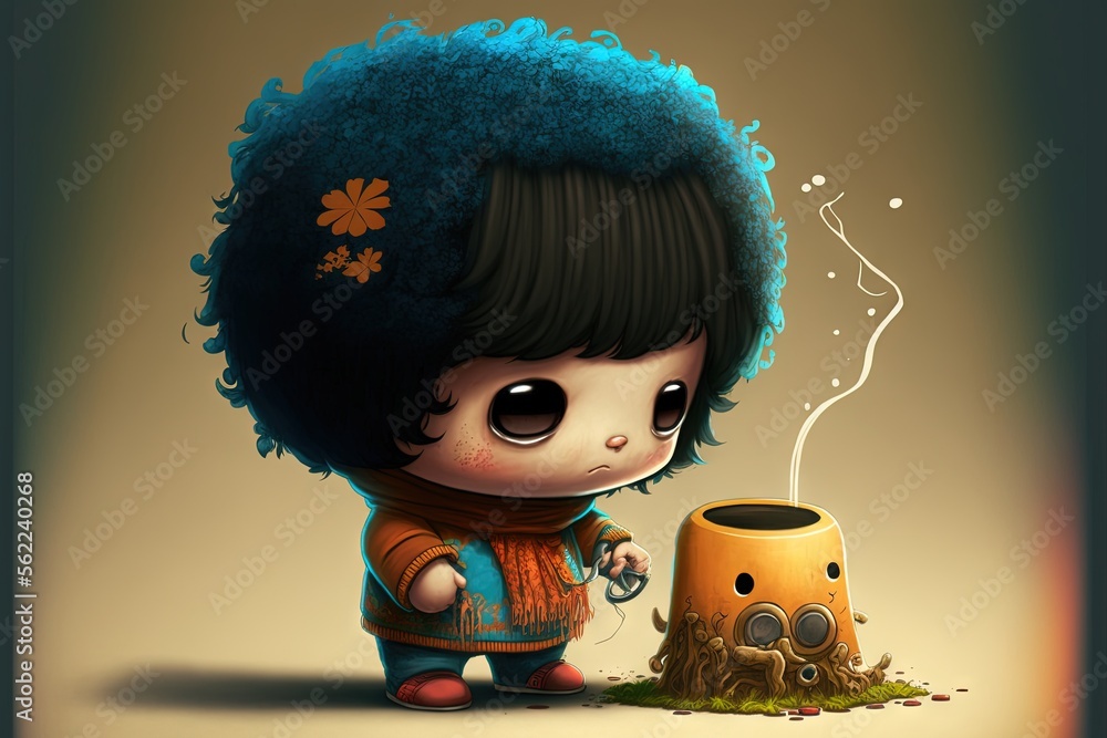 Aufkleber a cartoon character with a blue afro is sitting next to a yellow cup with a smoke coming out of it a