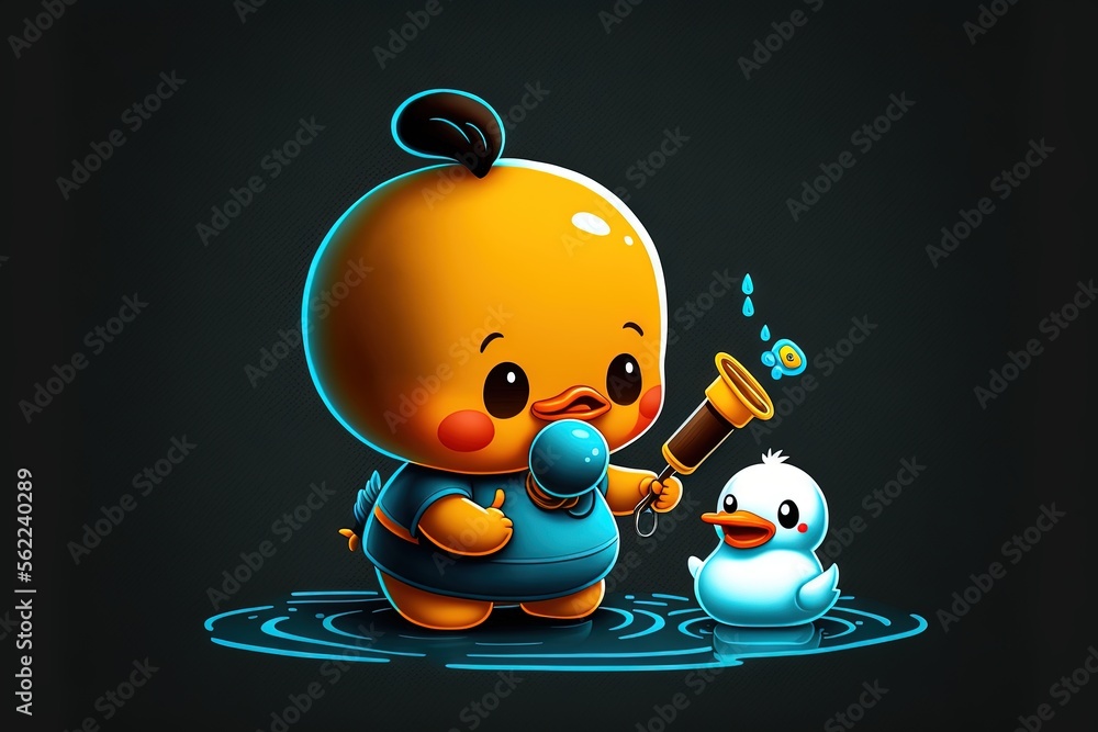Poster a cartoon character is playing with a duck in the water with a comb in its hand and a comb in its mo