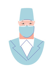 Reception of the patient at the dentist. Full face portrait of a doctor. Doctor on examination in a mask and goggles. Provision of dental services by professional dentists. Flat cartoon illustration.