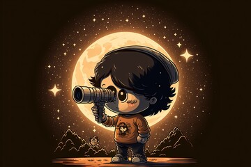  a boy looking through a telescope at the moon with a telescope in his hand and a bear on his chest, with a mountain in the background, and a full moon, with stars. generative ai
