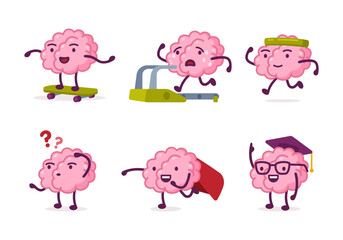 Cute funny brain characters set. Human brain nervous system organ skateboarding, running on treadmill, doing sport, learning cartoon vector illustration