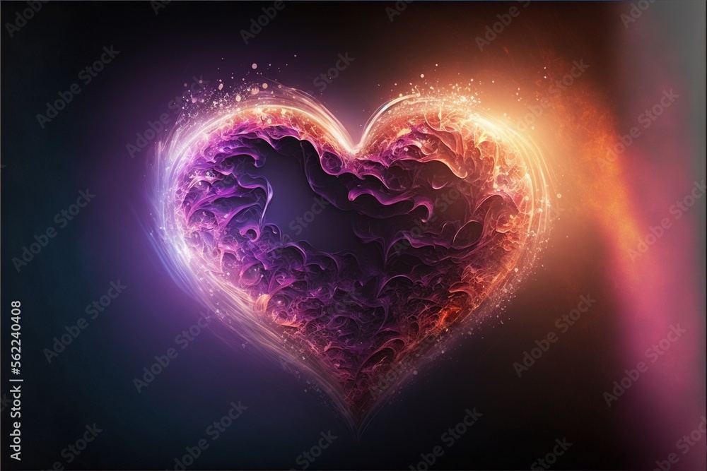 Poster a heart shaped object with a purple background and a red and yellow light coming out of it's center,