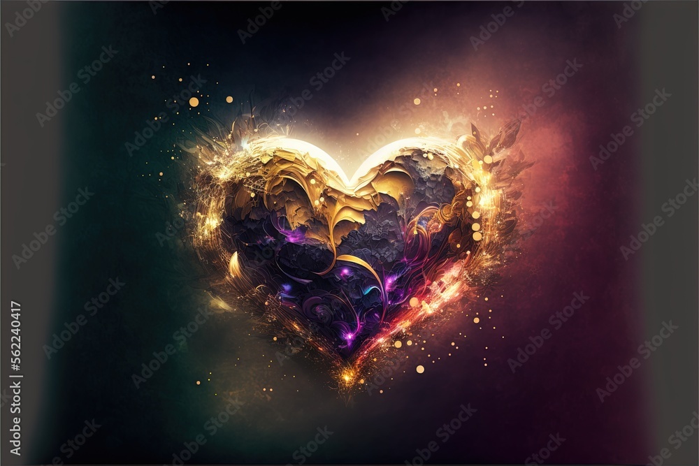 Poster a heart shaped object with a lot of light coming out of it's center and a dark background with a yel