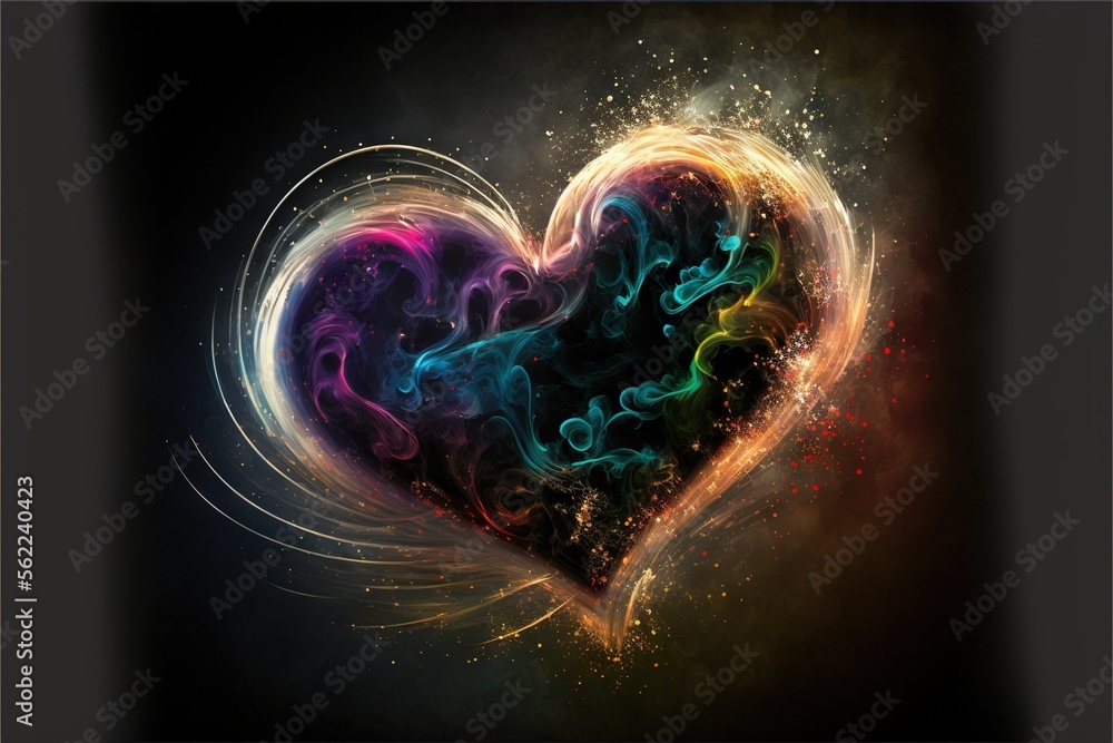 Poster a heart shaped object with a black background and a colorful swirl around it and a black background 