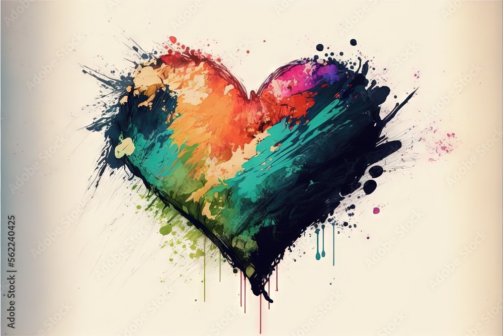 Poster a colorful heart painted with paint splatters and sprays on a white background with a white backgrou