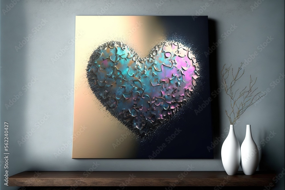 Poster a painting of a heart on a wall above a shelf with vases and a vase on the side of the wall next to 