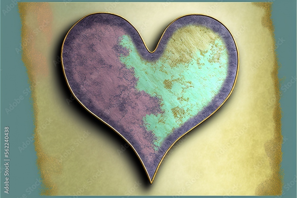 Poster a heart shaped object with a blue and purple background and a gold border around it, with a blue bor