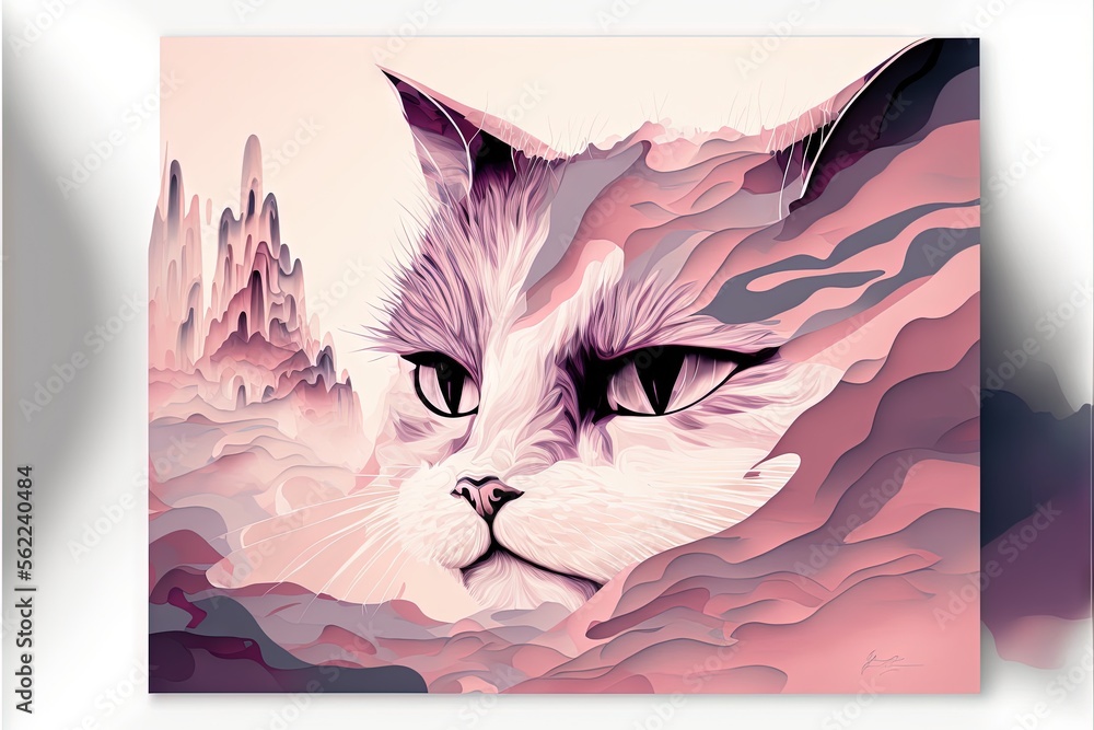 Poster a cat with a pink background is featured in this picture generative ai