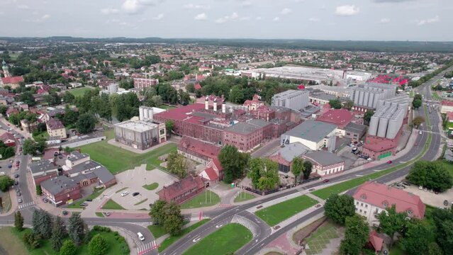 Brewery factory in Tychy, Poland from an aerial view on a beautiful sunny day. A giant beer brewing industry located in the Silesian Voivodeship.
