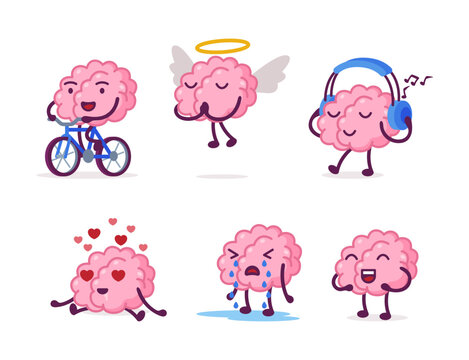 Cute funny brain characters set. Human brain nervous system organ riding bike, listening music, crying, smiling cartoon vector illustration