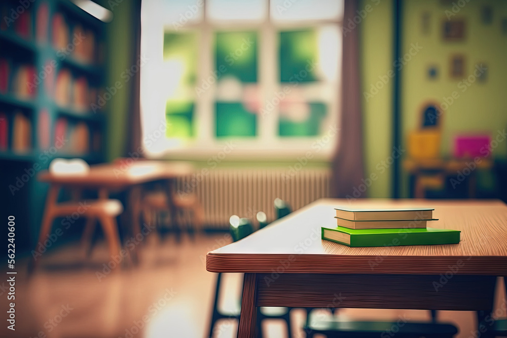 Aufkleber look out from the table ,blur image of classrooms are empty as background. generative ai