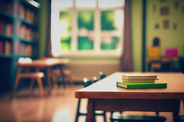 Look out from the table ,blur image of classrooms are empty as background. Generative AI