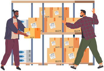 Warehouse workers put boxes with cargo on racks, inventory staff, warehouse clerk, goods inventory supervisor, delivery service. Male worker who is collecting data or making report on supply of goods