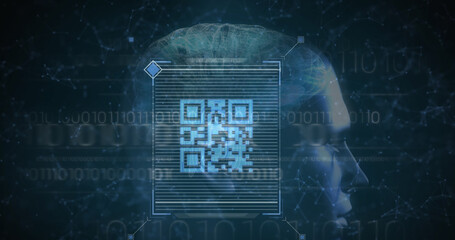 Image of qr code over binary code and human head model