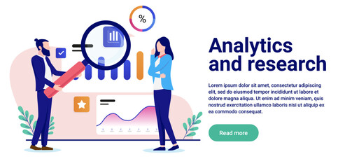 Analytics and research - Business people looking at chart, graphs and diagram with magnifying glass, analysing and contemplating. Flat design vector illustration with copy space for text