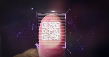 Composition of data processing with qr code and finger on black background - Powered by Adobe