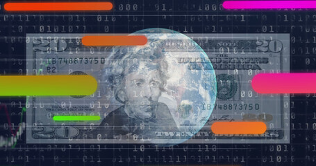 Composition of data processing with dollar banknote over globe on black background