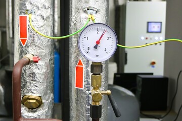 Pressure gauge in the engine room of the boiler room