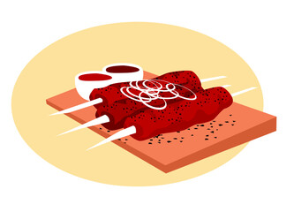 tasty kebab with onions and sauces. Vector image for prints, poster and illustrations.