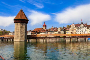Chapel bridge spanning the river Reuss in the city of Lucerne, Switzerland