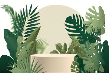 Background with Modern Minimal Podium Palm Green Natural Tropical Wild Concept. Generative AI