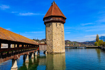 Chapel bridge spanning the river Reuss in the city of Lucerne, Switzerland