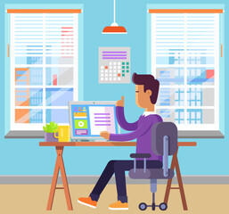 Business man working remotely on desktop computer. Manager male character, person in distant home office. Online distance work, freelance concept. Person communicates on social network at workplace