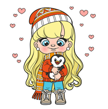 Cute cartoon long haired girl with toy penguin in hands and winter clothes color variation for coloring page on a white background