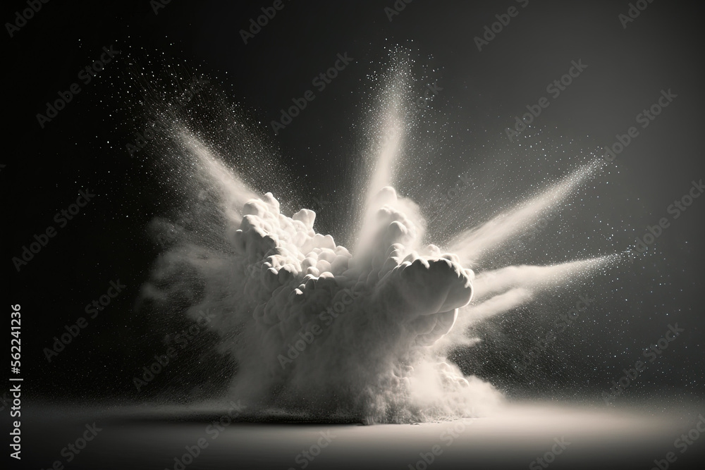 Poster white dust explosions in slow motion over a dark background. generative ai