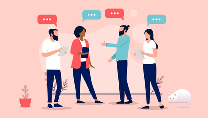 Group discussion - Business people in casual office clothes talking and discussing work and project. Flat design vector illustration