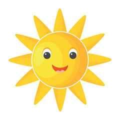 Cute cartoon happy sun with face isolated on white background. Summer shadowed clip art sunshine icon in kid's style. Sunny weather symbol.