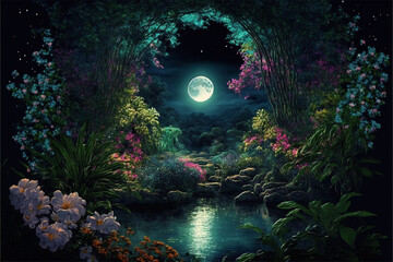 Obraz na płótnie Canvas Lush Secret Garden at Night with Full Moon Reflecting in Water Generative AI 