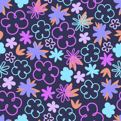 Seamless pattern with flowers drawn in doodle style.